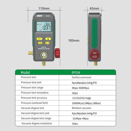 DUOYI Refrigerant Meter for Routine Car Air Conditioning Maintenance - handheld DY518 digital manifold gauge showing dimensions and specs