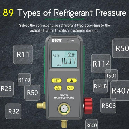DUOYI Refrigerant Meter for Routine Car Air Conditioning Maintenance - digital manifold gauge showing refrigerant pressure types and LCD readout