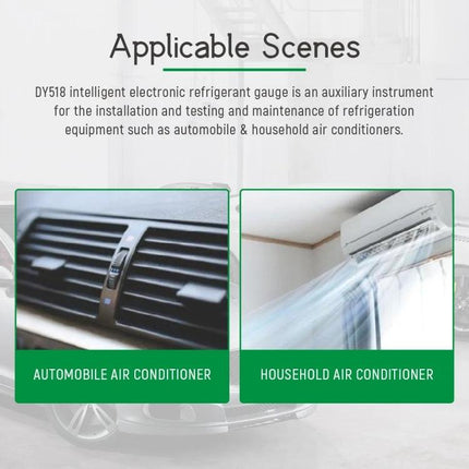 DUOYI Refrigerant Meter for Routine Car Air Conditioning Maintenance showing automobile and household AC applicable scenes