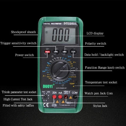 DUOYI Multimeter For Daily Car Repairs And Maintenance - handheld digital multimeter with labeled functions for car electrical diagnostics
