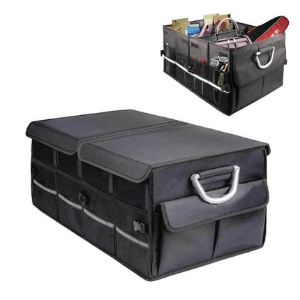 Foldable Car Trunk Storage Box with Soft Middle Partition – black foldable trunk organizer with handles, multiple pockets, folds flat for easy storage