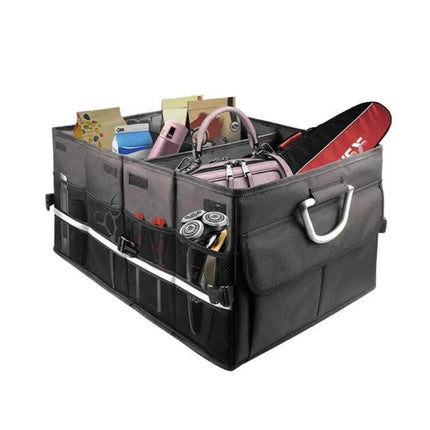 Foldable Car Trunk Storage Box with Soft Middle Partition holding groceries, bag, and sports gear, collapsible organizer with side pockets