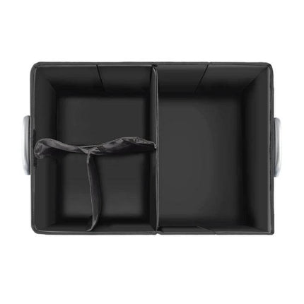 Foldable Car Trunk Storage Box with Soft Middle Partition shown open with two compartments and removable soft divider