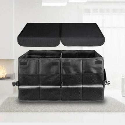 Foldable Car Trunk Storage Box with Soft Middle Partition in black, collapsible organizer with mesh pockets and reflective strip