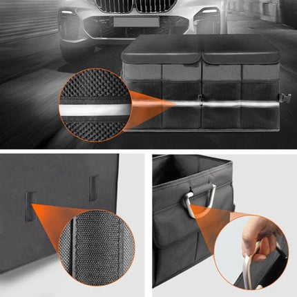 Foldable Car Trunk Storage Box with Soft Middle Partition showing compartments, handles and textured material for organized trunk storage