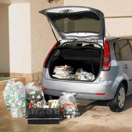 Foldable Car Trunk Storage Box with Soft Middle Partition organized in car trunk holding recyclables and groceries