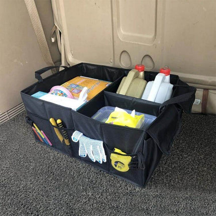 Foldable Car Trunk Storage Box for Everyday Organization neatly holding groceries, bottles and tools in car trunk