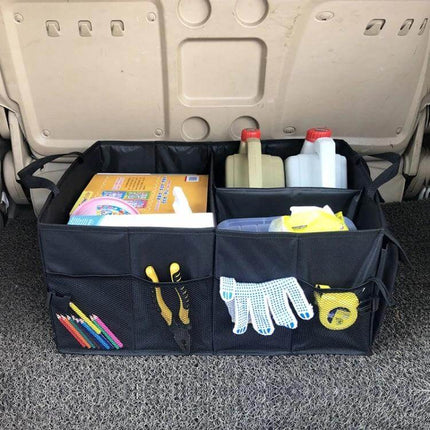Foldable Car Trunk Storage Box for Everyday Organization neatly holding tools, groceries and camping gear in a vehicle trunk