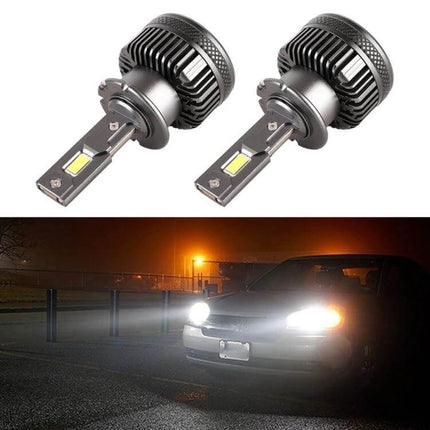 Car Headlight LED Conversion Adapter For HID Ballasts - pair of high-brightness LED bulbs with cooling fins, shown installed lighting a car at night