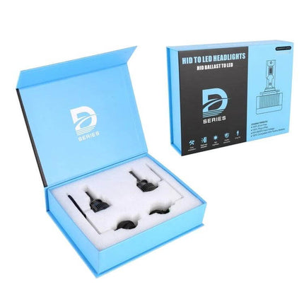 Car Headlight LED Conversion Adapter For HID Ballasts in blue retail packaging showing two LED bulbs and foam insert