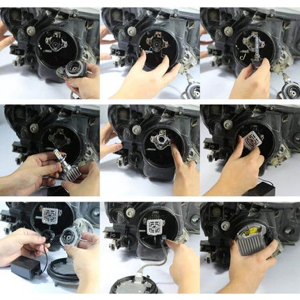 Car Headlight LED Conversion Adapter For HID Ballasts shown being installed step-by-step into a vehicle headlight housing