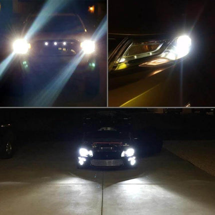 Car Headlight LED Conversion Adapter For HID Ballasts shown installed producing ultra-bright 5000 lm LED headlights at night