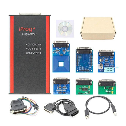 Iprog+ Essential for Everyday Vehicle Maintenance Tasks - compact programmer kit with OBDII cable, adapters, chips, and USB for odometer and key programming