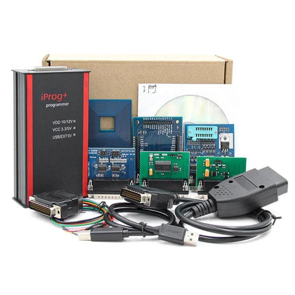 Iprog+ Essential for Everyday Vehicle Maintenance Tasks - compact programmer kit with OBDII cable, adapters, and modules for dashboard, key programming and odometer adjustments
