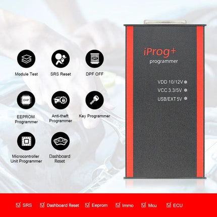 Iprog+ Essential for Everyday Vehicle Maintenance Tasks compact programmer showing icons for SRS reset, EEPROM, odometer via OBDII and dashboard recalibration