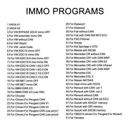 SQU Tool for Routine Car Maintenance and Diagnostics image showing IMMO PROGRAMS list for vehicle immobilizer and diagnostic functions