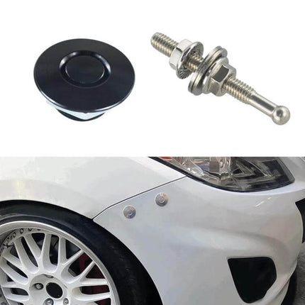 54mm Push Button Hood Pin Kit For Car Hood Keeps Hood Secure During Driving - black anodized aluminum pin shown installed on white car fender