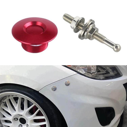 54mm Push Button Hood Pin Kit For Car Hood Keeps Hood Secure During Driving - red anodized aluminum hood pins shown installed on white car