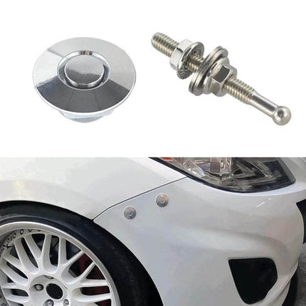 54mm Push Button Hood Pin Kit For Car Hood Keeps Hood Secure During Driving installed on white car showing aluminum alloy pin and button