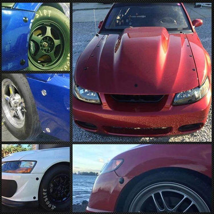 54mm Push Button Hood Pin Kit For Car Hood Keeps Hood Secure During Driving installed on red performance car hood and wheels