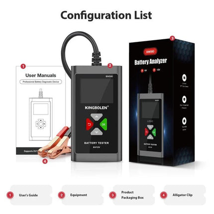 KINGBOLEN Battery Tester for Everyday Car Maintenance Tasks - compact handheld battery tester kit with display, user manual, packaging box and alligator clip