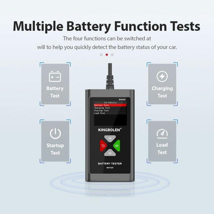 KINGBOLEN Battery Tester for Everyday Car Maintenance Tasks showing handheld tester with screen and icons for battery, charging, startup and load tests