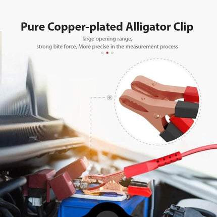 KINGBOLEN Battery Tester for Everyday Car Maintenance Tasks showing pure copper-plated alligator clips connected to a car battery