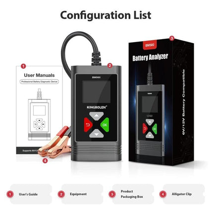 KINGBOLEN Battery Tester for Routine Vehicle Checks - compact battery analyzer with waveform display, alligator clips and user manual