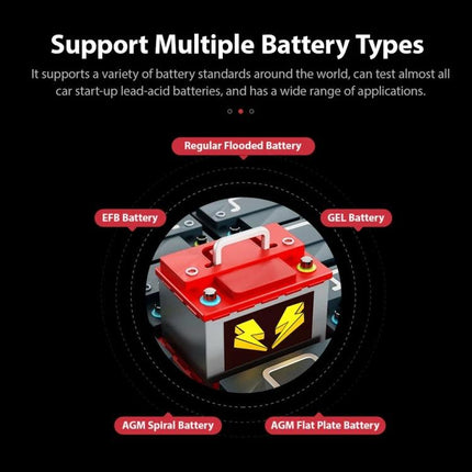 KINGBOLEN Battery Tester for Routine Vehicle Checks showing support for multiple battery types (flooded, EFB, GEL, AGM)