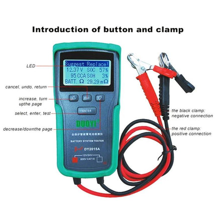 DUOYI Car Battery Tester for Everyday Vehicle Checks showing display, buttons and red/black clamps