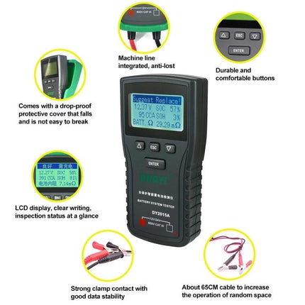 DUOYI Car Battery Tester for Everyday Vehicle Checks - handheld lead-acid battery analyzer with LCD and clamps