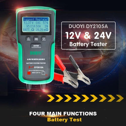 DUOYI Car Battery Tester for Everyday Vehicle Checks - handheld 12V/24V battery system tester with clamps and display for routine vehicle maintenance