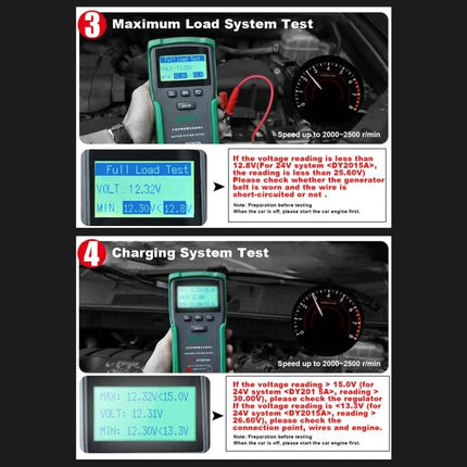 DUOYI Car Battery Tester for Everyday Vehicle Checks - hand-held unit performing maximum load and charging system tests on a car battery