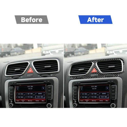 Carbon Fiber Decorative Sticker for Volkswagen Scirocco Air Outlet shown on dashboard air vent before and after installation