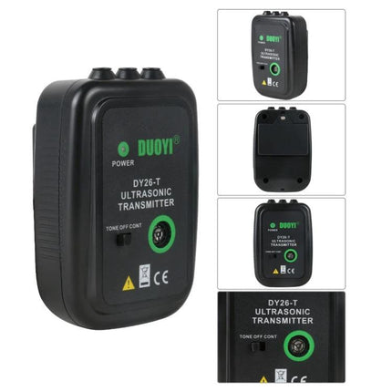 DUOYI Leak Detector for Home and Vehicle Maintenance - black DY26-T ultrasonic transmitter showing power, tone control and connector