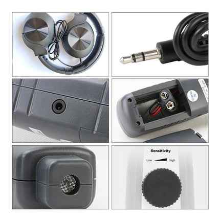 DUOYI Leak Detector for Home and Vehicle Maintenance showing receiver headphones, 3.5mm jack, battery compartment, sensitivity knob and probe mesh