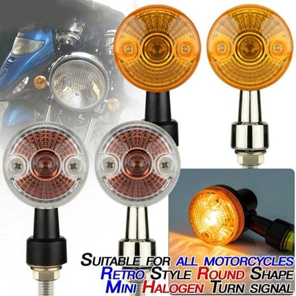 Motorcycle Turn Signal Lights, Set of 2 for Night Visibility - round retro-style amber mini halogen signals for improved evening and rainy-road visibility