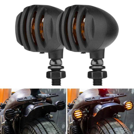 Motorcycle Turn Signal Lights with Metal Housing, 2-Pack - black metal housing halogen bike indicators, shown off and on