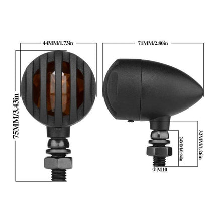 Motorcycle Turn Signal Lights with Metal Housing, 2-Pack - black metal housing halogen lamp front and side view with dimensions