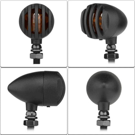 Motorcycle Turn Signal Lights with Metal Housing, 2-Pack black grille halogen bulb shown from four angles