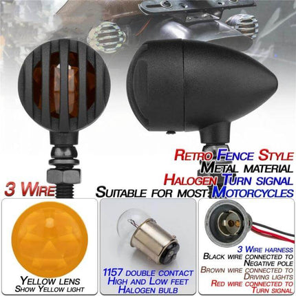Motorcycle Turn Signal Lights with Metal Housing, 2-Pack - black retro fence style halogen indicators for 12V motorcycles