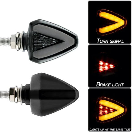 KC018A Triangular LED Signal Light for Motorcycles compact black motorcycle turn signal and brake light showing amber turn and red brake modes