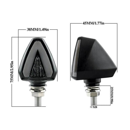 KC018A Triangular LED Signal Light for Motorcycles compact black motorcycle turn signal with dimensions shown