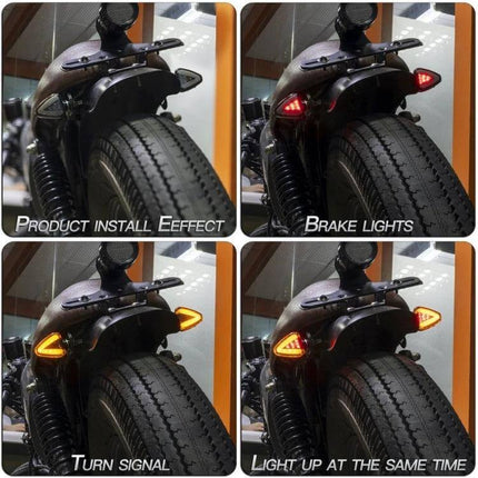 KC018A Triangular LED Signal Light for Motorcycles installed on rear fender showing turn signal, brake light, and combined lighting effects