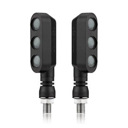 LED Turn Signal and Brake Light Set for Motorcycles, 2 Pieces - pair of compact black 3-LED motorcycle turn signals with yellow lenses for improved visibility
