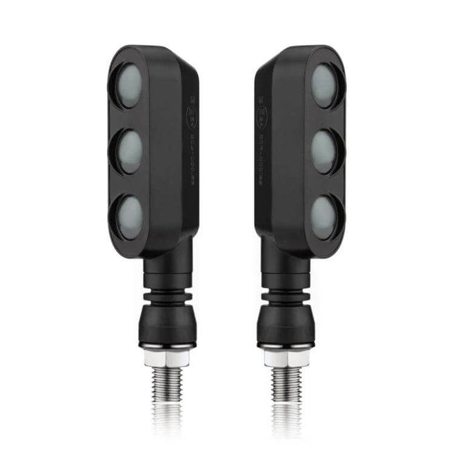 LED Turn Signal and Brake Light Set for Motorcycles, 2 Pieces - pair of compact black 3-LED motorcycle turn signals with yellow lenses for improved visibility