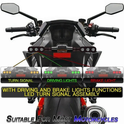 LED Turn Signal and Brake Light Set for Motorcycles, 2 Pieces mounted on rear of sport motorcycle showing turn, driving and brake light functions