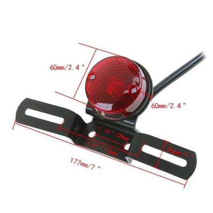 Retro Round Motorcycle Brake Light with License Plate Holder compact red round taillight and black metal license plate bracket