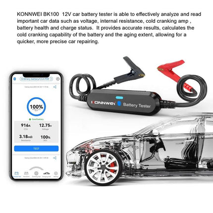 Konnwei Battery Tester for Daily Vehicle Maintenance Checks - conductance battery tester with clamps showing app results and car illustration