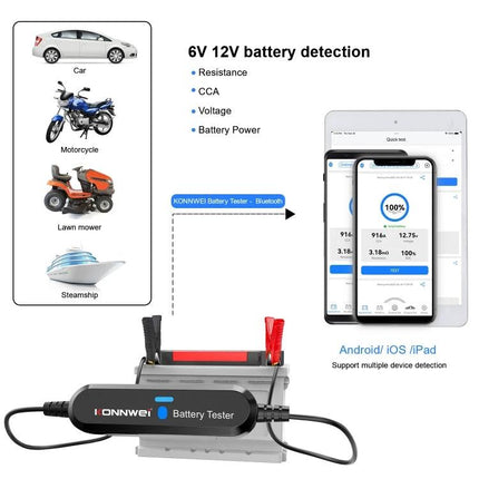 Konnwei Battery Tester for Daily Vehicle Maintenance Checks – compact conductance battery tester with smartphone app for cars, motorcycles, lawn mowers, boats